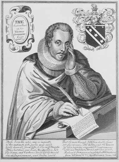 Portrait of Sir Thomas Overbury (1581-1613) writing out his epitaph, engraved by Renold Elstrack, 1613 by English School